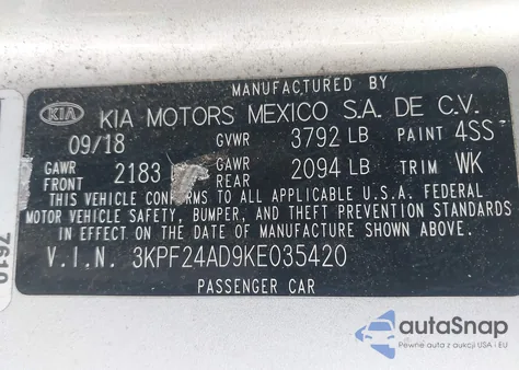 2019 Kia Forte Lxs z USA, uszkodzony, nr VIN 3KPF24AD9KE035420